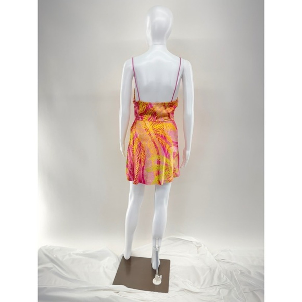 Retrofête Pink Lime Green Tropical Palm Print Cowl Neck Silk Mini Dress Small - Picture 6 of 9